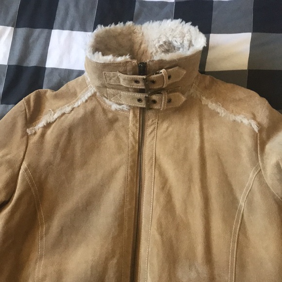 Womens WILSONS LEATHER Suede Camel Tan SHERPA Faux Fur Quilted Jacket Sz Large L - Picture 6 of 16